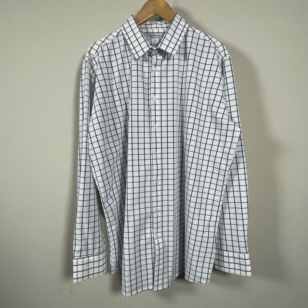 Mizzen+Main‎ Performance Dress Shirt Men XL Classic White Blue Windowpane Check